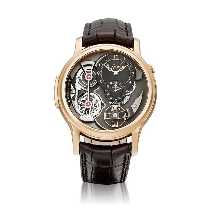 Romain Gauthier Logical One, Reference MON00120 | A limited edition pink gold semi-skeletonised wristwatch with ergonomic winding system, chain and fusée and power reserve indication, Circa 2017 | Logical One 型號MON00120 | 限量版粉紅金半鏤空腕錶，備高效上弦系統﹑芝麻鏈及動力儲備顯示，約2017年製 · MON00120