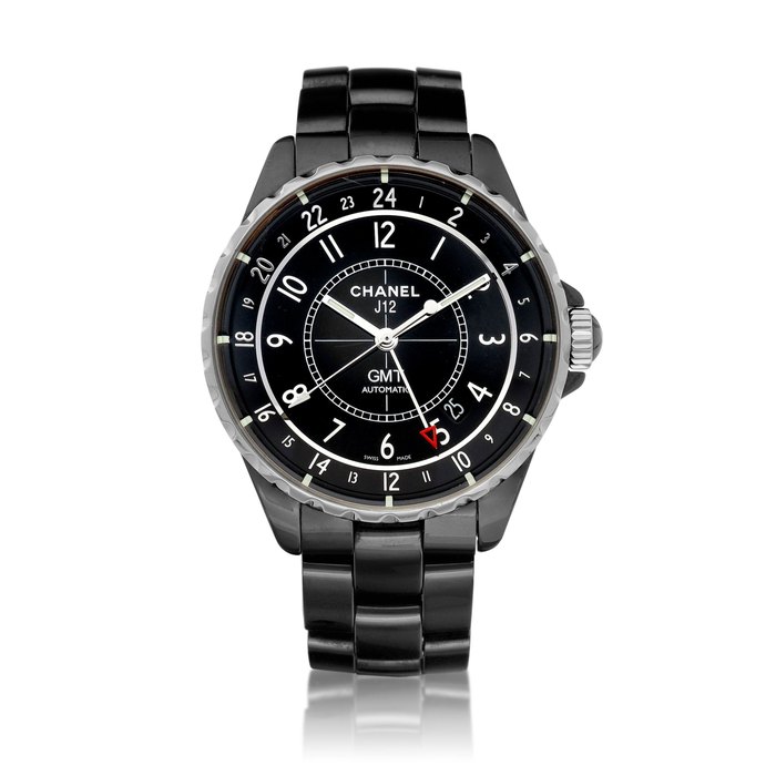 Chanel J12 GMT | A ceramic and stainless steel dual time zone wristwatch with date and bracelet, Circa 2005 | 香奈兒 | J12 GMT | 黑色陶瓷及精鋼兩地時間鏈帶腕錶，備日期顯示，約2005年製