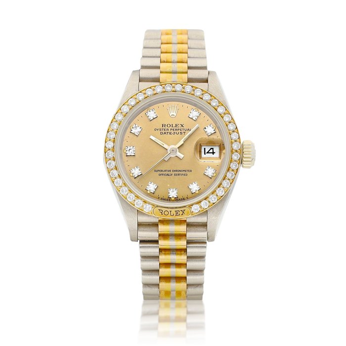 Rolex Tridor DateJust, Reference 69149 | A three colour gold and diamond-set wristwatch with date and bracelet, Circa 1987 | 勞力士 | Tridor DateJust 型號69149 | 三色金鑲鑽石鏈帶腕錶，備日期顯示，約1987年製 · 69149