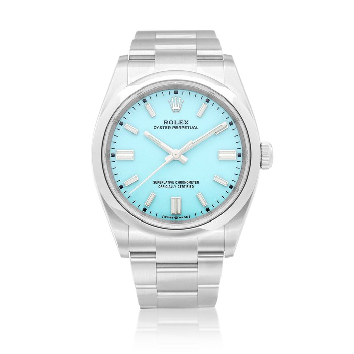 Rolex Oyster Perpetual, Reference 126000 | A stainless steel wristwatch with turquoise blue lacquer dial and bracelet, Circa 2022 | 勞力士 | Oyster Perpetual 型號126000 | 精鋼鏈帶腕錶，備綠松石藍色錶盤，約2022年製 · 126000