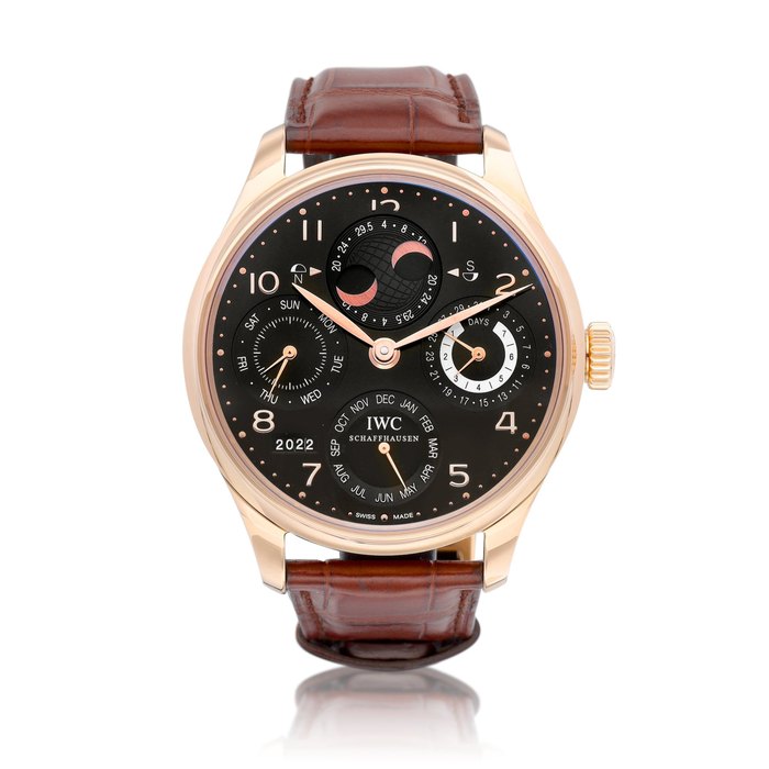 IWC Portugieser Perpetual Calendar, Reference IW503202 | A pink gold perpetual calendar wristwatch with day, date, perpetual moon phases for the northern and southern hemisphere, digital year display and 7 days power reserve indication, Circa 2014 | 萬國 | 葡萄牙系列萬年曆 型號IW503202 | 粉紅金萬年曆腕錶，備日期、星期、南北半球萬年曆月相、數位年份及7天動力儲備顯示，約2014年製 · IW503202