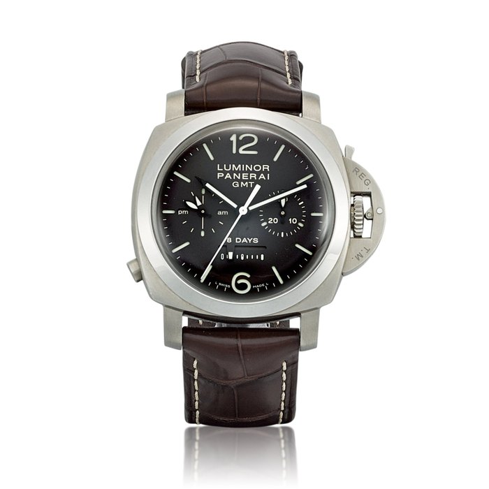 Panerai Luminor 1950, Reference PAM00311 | A titanium dual time zone single button chronograph wristwatch with power reserve and 24 hours indication, Circa 2012 | 沛納海 | Luminor 1950 型號PAM00311 | 鈦金屬兩地時間單按鈕計時腕錶，備動力儲備及24小時顯示，約2012年製 · PAM00311