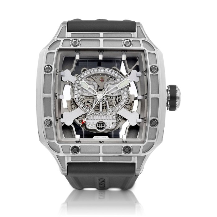 Cvstos Evosquare-50 Skull | A limited edition stainless steel and diamond-set skeletonised wristwatch with date, Circa 2010 | Evosquare-50 Skull | 限量版精鋼鑲鑽石鏤空腕錶，備日期顯示，約2010年製