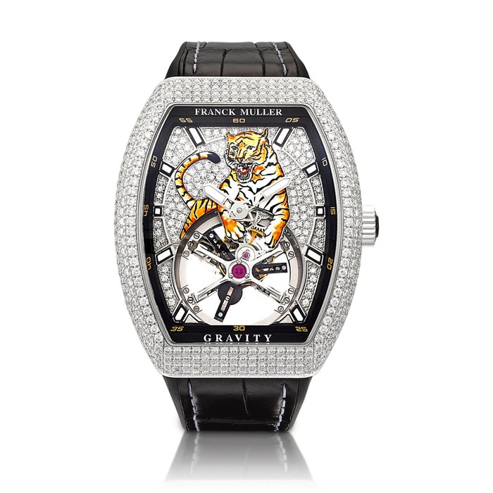 Franck Muller Vanguard Gravity Tiger, Reference V 41 T GR CS D CD TIGER OG NR | A limited edition white gold and diamond-set tourbillon wristwatch, Made to commemorate the year of the tiger, Circa 2022 | Vanguard Gravity Tiger 型號V 41 T GR CS D CD TIGER OG NR | 限量版白金鑲鑽石陀飛輪腕錶，為慶祝虎年而製，約2022年製 · ERENCE