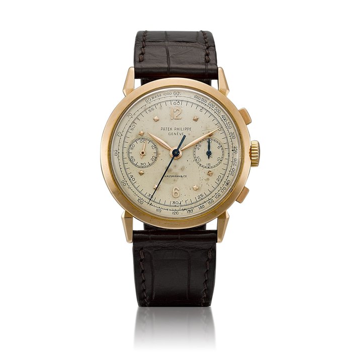 Patek Philippe Reference 1579 | A pink gold chronograph wristwatch, Retailed by Hausmann & Co., Circa 1951 | 百達翡麗 | 型號1579 | 粉紅金計時腕錶，由 Hausmann & Co. 發行，約1951年製 · 1579
