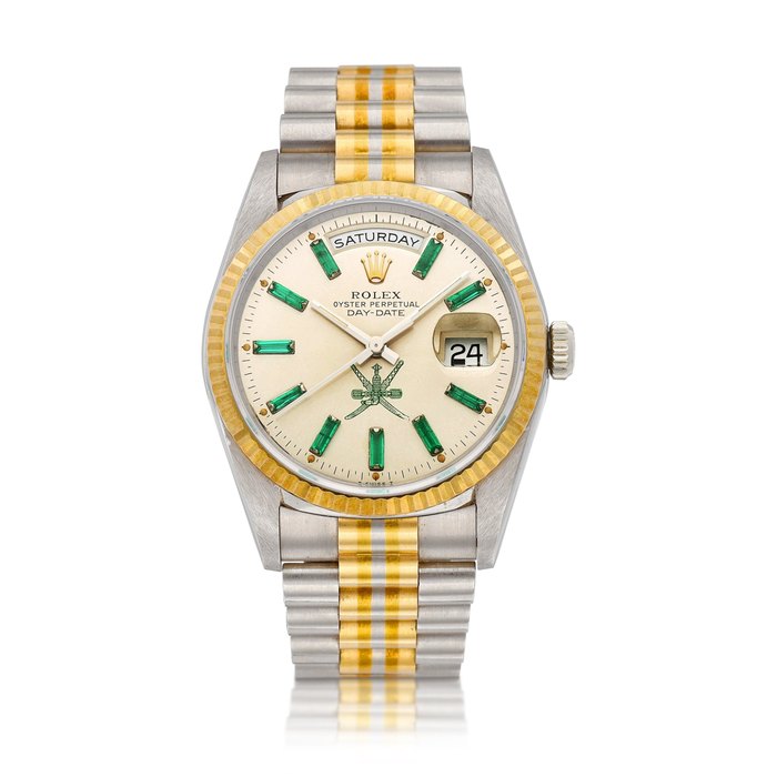 Rolex Tridor Day-Date, Reference 18239 | A three colour gold and emerald-set wristwatch with day, date and bracelet, Circa 1991 | 勞力士 | Tridor Day-Date 型號18239 | 三色金鑲綠寶石鏈帶腕錶，備日期、星期顯示，約1991年製 · 18239