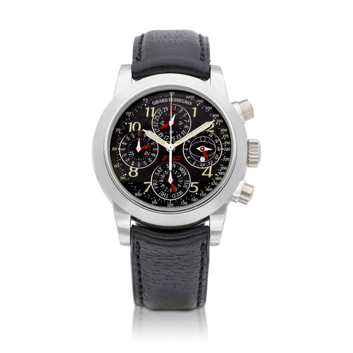Girard-Perregaux Reference 9025 | A limited edition platinum perpetual calendar chronograph wristwatch with moon phases and 24 hours indication, Made to commemorate the 50th anniversary of Ferrari, Circa 1999 | 芝柏 | 型號 9025 | 限量版鉑金萬年曆計時腕錶，備月相及24小時顯示，為慶祝法拉利 50 週年而製，約1999年製 · 9025