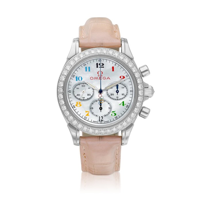 Omega Olympic Collection Timeless, Reference 4876.70.36 | A stainless steel and diamond-set chronograph wristwatch with date and mother-of-pearl dial, Circa 2006 | 歐米茄 | 永恆奧運系列特別版 型號4876.70.36 | 精鋼鑲鑽石計時腕錶，備日期顯示及珠母貝錶盤，約2006年製 · 4876.70.36