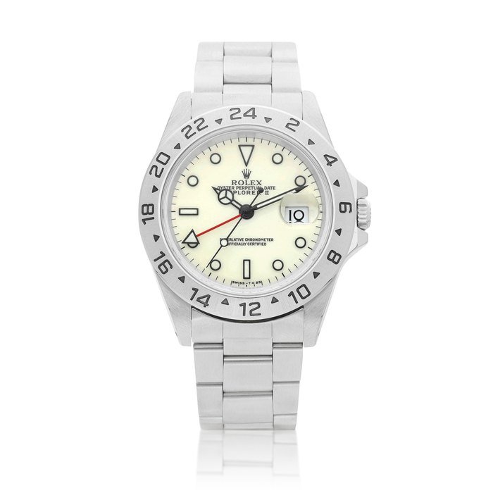 Rolex Explorer II, Reference 16570 | A stainless steel wristwatch with 24 hours indication, date, bracelet and cream dial, Circa 1997 | 勞力士 | Explorer II 型號16570 | 精鋼鏈帶腕錶，備24小時、日期顯示及忌廉色錶盤，約1997年製 · 16570