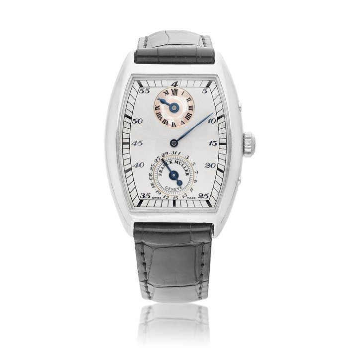 Franck Muller Reference 7500 DS Q | A limited edition platinum dual time zone jumping hour wristwatch with date and regulator dial, retailed by the Sincere watch, Circa 1995 | 型號7500 DS Q | 限量版鉑金兩地時間跳時腕錶，備日期顯示及三針一線錶盤，由 Sincere watch 發行，約1995年製 · 7500