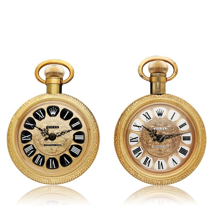 Rolex Perpetually Yours | A set of two gilt brass scent bottles in the form of pocket watches, Circa 1960 | 勞力士 | Perpetually Yours | 一套兩件鍍金銅製懷錶形香水瓶，約1960年製