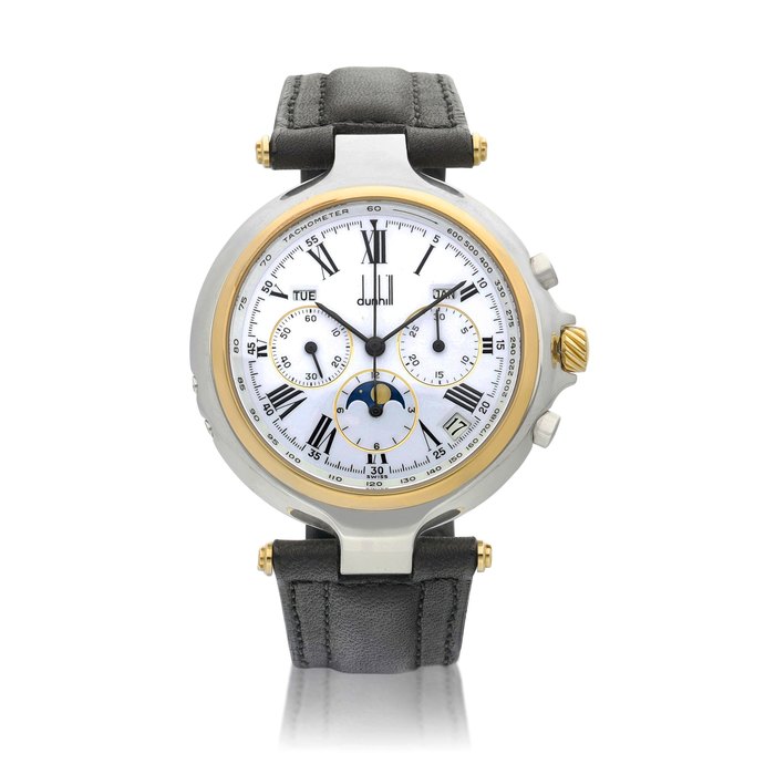 Dunhill A stainless steel and gold plated triple calendar chronograph wristwatch with moon phases and enamel dial, Circa 2005 | 精鋼及鍍金全日曆計時腕錶，備月相及琺瑯錶盤，約2005年製