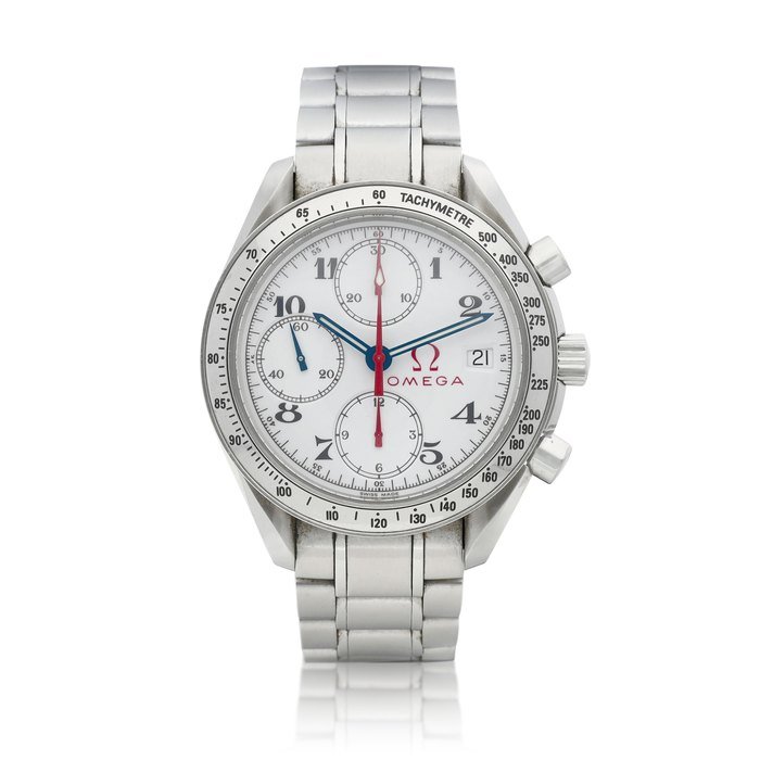 Omega Speedmaster, Reference 3513.20.00 | A limited edition stainless steel chronograph wristwatch with date and bracelet, Made to commemorate the 1932 Los Angeles Olympics, Circa 2004 | 歐米茄 超霸系列 型號3513.20.00 | 限量版精鋼計時鏈帶腕錶，備日期顯示，為紀念 1932 年洛杉磯奧運而製，約2004年製