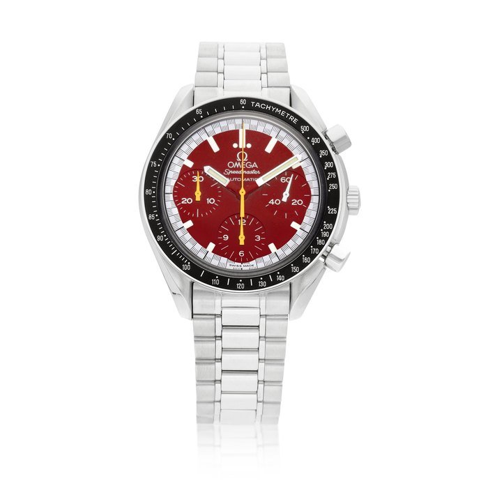 Omega Speedmaster Schumacher Racing Reduced, Reference 3810.61.41 | A stainless steel chronograph wristwatch with bracelet, Circa 1996 | 歐米茄 | 超霸系列 Schumacher Racing Reduced 型號3810.61.41 | 精鋼計時鏈帶腕錶，約1996年製