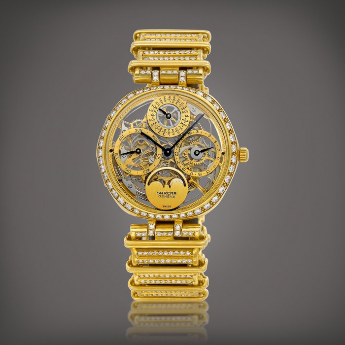 Sarcar A yellow gold and diamond-set skeletonised perpetual calendar bracelet watch with day, date and moon phases, Circa 1980 | 黃金鑲鑽石鏤空萬年曆鏈帶腕錶，備日期、星期及月相顯示，約1980年製