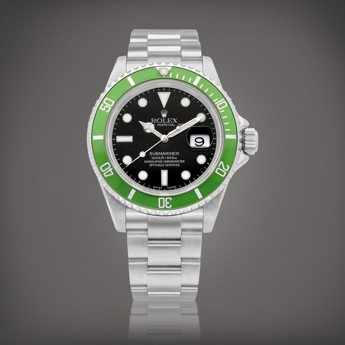 Rolex Submariner "Kermit Flat 4", Reference 16610LV | A stainless steel wristwatch with date and bracelet, Circa 2003 | 勞力士 | Submariner "Kermit Flat 4" 型號16610LV | 精鋼鏈帶腕錶，備日期顯示，約2003年製 · 16610LV