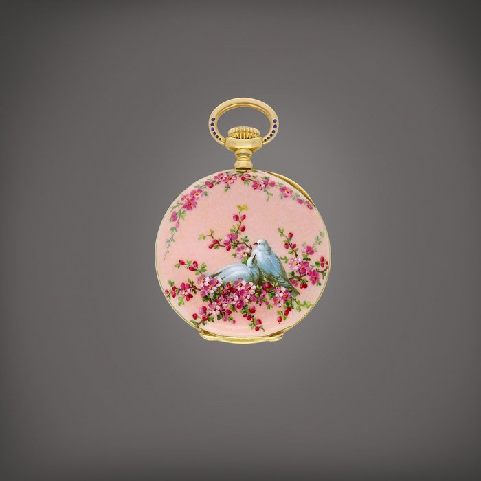 Patek Philippe A yellow gold open face keyless watch with enamel dial and enamel miniature, Made in 1890 |  百達翡麗  |  黃金懷錶，備琺瑯錶盤及微繪琺瑯，1890年製