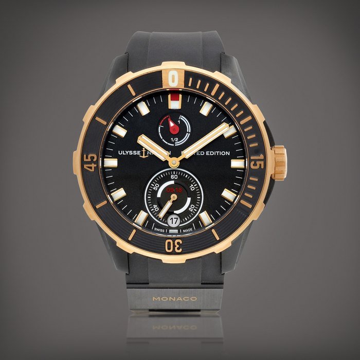 Ulysse Nardin Diver Chronometer Monaco Limited Edition, Reference 1185-170 |   A limited edition pink gold and titanium wristwatch with date and power reserve indication, Circa 2018  |  雅典  |  Diver Chronometer Monaco Limited Edition 型號1185-170  |  限量版粉紅金及鈦金屬腕錶，備日期及動力儲備顯示，約2018年製 · 1185-170