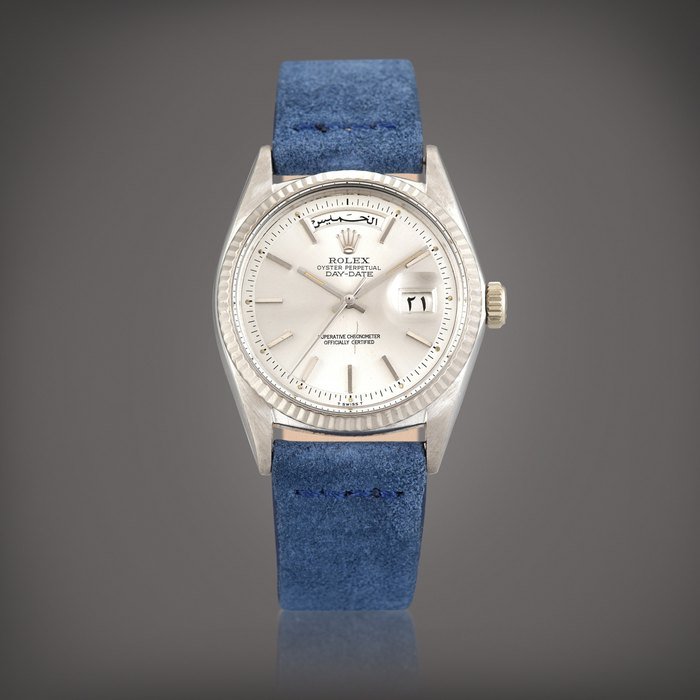 Rolex Day-Date, Reference 1803 | A white gold wristwatch with Arabic day and date, Circa 1960 | 勞力士 | Day-Date 型號1803 | 白金腕錶，備阿拉伯日期及星期顯示，約1960年製 · 1803