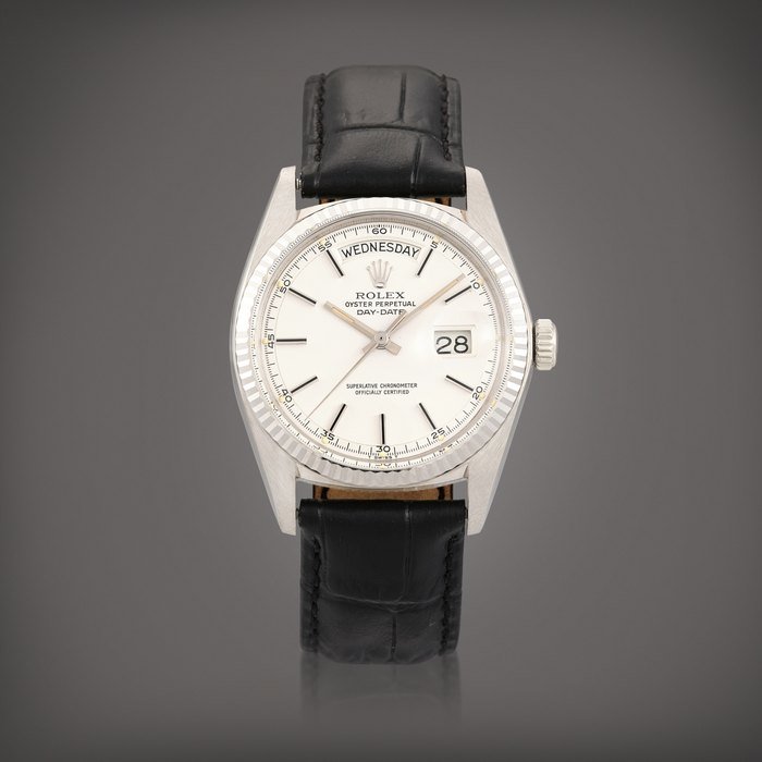 Rolex Day-Date, Reference 1803 |  A white gold wristwatch with day and date, Circa 1973 | 勞力士  | Day-Date 型號1803 | 白金腕錶，備日期及星期顯示，約1973年製 · 1803