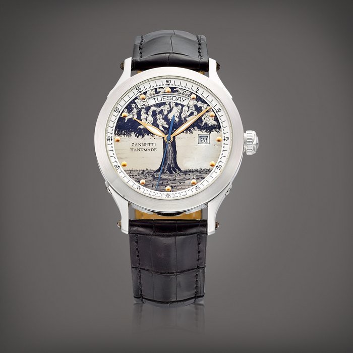 Zannetti Regent Tree Orgy, Reference RTOAD160337 |  A limited edition stainless steel wristwatch with day, date and erotic dial, Circa 2010 |  Regent Tree Orgy 型號RTOAD160337 |  限量版精鋼腕錶，備日期、星期顯示及春宮錶盤，約2010年製 · RTOAD160337
