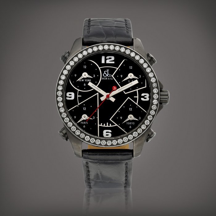 Jacob & Co. The Five Time Zones | A PVD-coated stainless steel and diamond-set quintuple time zone wristwatch, Circa 2008 |  The Five Time Zones |  PVD 塗層處理精鋼鑲鑽石五地時間腕錶，約2008年製