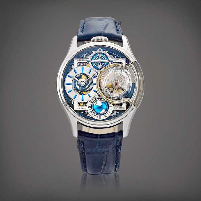Memorigin Stellar Series Imperial, Reference AT 0502 | A stainless steel flying tourbillon wristwatch with three-dimensional globe GMT indicator, Circa 2017  |  萬希泉  |  Stellar Series Imperial 型號AT 0502 |  精鋼飛行陀飛輪腕錶，備立體地球儀GMT顯示，約2017年製 · ERENCE