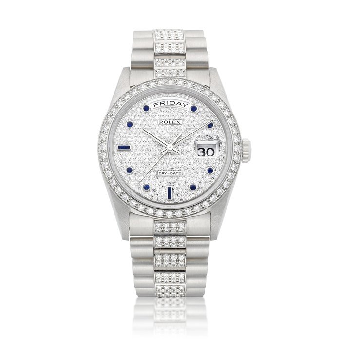 Rolex Day-Date, Reference 18346 | A platinum, diamond and sapphire-set wristwatch with day, date and bracelet, Circa 1995 | 勞力士 | Day-Date 型號18346 | 鉑金鑲鑽石及藍寶石鏈帶腕錶，備日期及星期顯示，約1995年製 · 18346