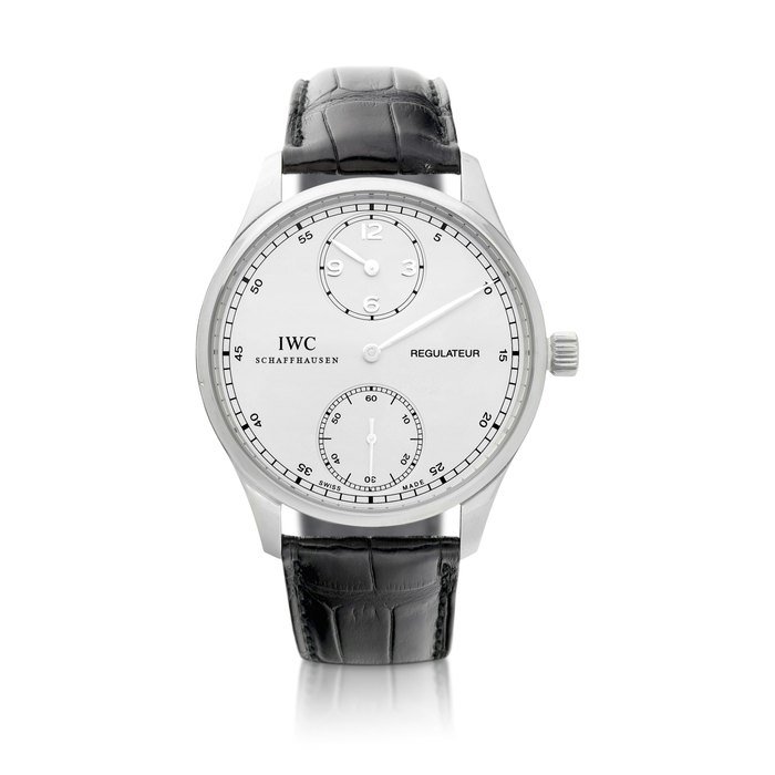 IWC Portuguese Regulator, Reference IW5444-03 | A limited edition platinum wristwatch with regulator dial, Circa 2008  |萬國 |Portuguese Regulator 型號IW5444-03 | 限量版鉑金腕錶，備三針一線錶盤，約2008年製 · IW5444-03