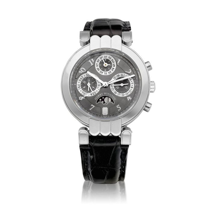 Harry Winston Ocean Perpetual Calendar Chronograph, Reference 200-MCAPC38P | A limited edition platinum perpetual calendar chronograph wristwatch with day, date, moon phases and leap year indication, Circa 2003 | 海瑞溫斯頓 |  Ocean Perpetual Calendar Chronograph 型號200-MCAPC38P |  限量版鉑金萬年曆計時腕錶，備日期、星期、月相及閏年顯示，約2003年製 · 200-MCAPC38P