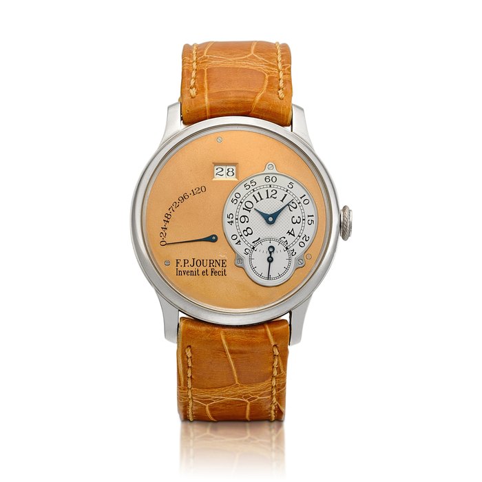 F.P. Journe Octa Réserve de Marche | An early platinum wristwatch with date, power reserve indication and brass movement, Circa 2002 | F.P. Journe | Octa Réserve de Marche | 早期鉑金腕錶，備日期、動力儲備顯示及銅製機芯，約2002年製