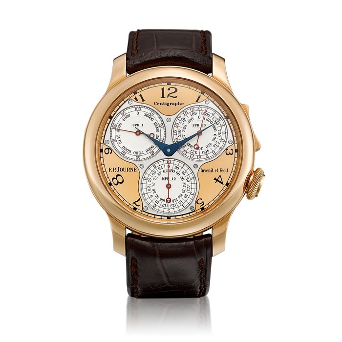 F.P. Journe Centigraphe Souverain | A pink gold chronograph wristwatch with 100th of a second, 20 second and 10 minute registers and ergonomic buttons, Circa 2009 | F.P. Journe | Centigraphe Souverain | 粉紅金計時腕錶，備百分一秒、二十秒及十分鐘小錶盤及搖板式按鈕，約2009年製
