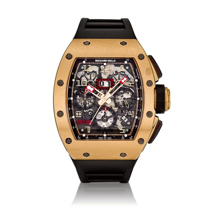 Richard Mille Felipe Massa, Reference RM011 | A limited edition pink gold and DLC-coated titanium semi-skeletonised annual calendar flyback chronograph wristwatch with date, Circa 2011 | Richard Mille | Felipe Massa 型號RM011  |  限量版粉紅金及 DLC 塗層處理鈦金屬半鏤空年曆飛返計時腕錶，約2011年製 · RM011