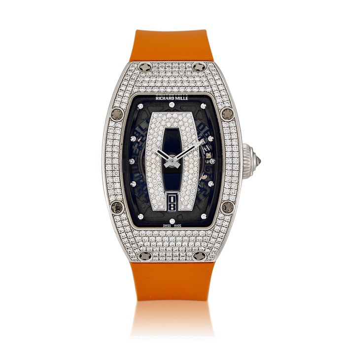 Richard Mille Reference RM007 AF WG | A white gold, diamond and sapphire-set semi-skeletonised wristwatch with date, Circa 2005 | Richard Mille | 型號RM007 AF WG | 白金鑲鑽石及藍寶石半鏤空腕錶，備日期顯示，約2005年製 · RM007