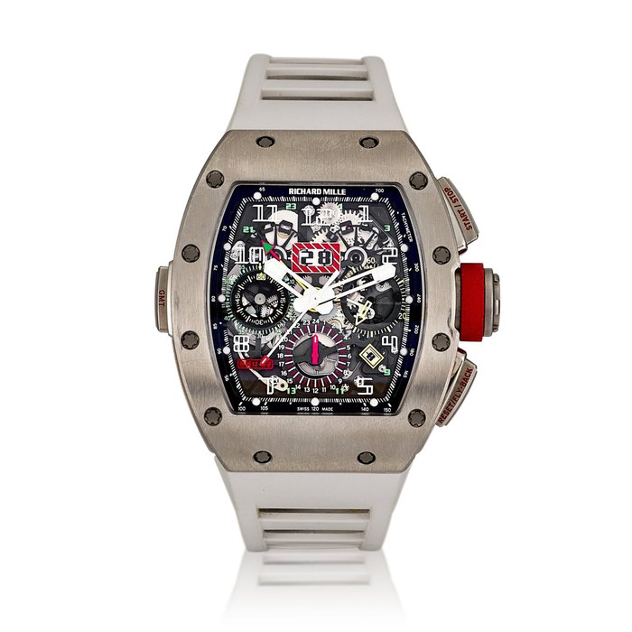 Richard Mille Reference RM11-02 AO Ti GMT | A titanium semi-skeletonised annual calendar dual time zone flyback chronograph wristwatch with date, Circa 2015 | Richard Mille |  型號RM11-02 AO Ti GMT |  鈦金屬半鏤空年曆兩地時間飛返計時腕錶，約2015年製 · RM11-02