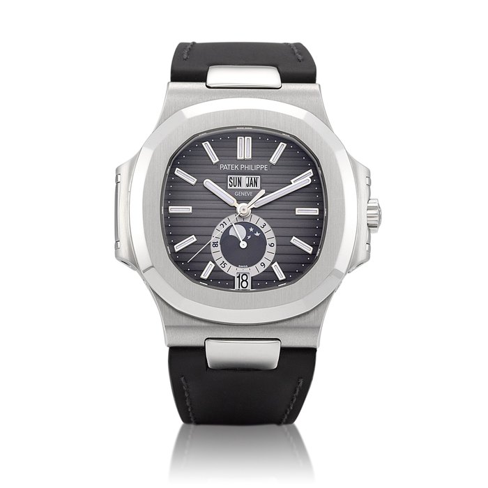 Patek Philippe Nautilus, Reference 5726 | A stainless steel annual calendar wristwatch with day, date, moon phases and 24 hours indication, Circa 2010 | 百達翡麗  | Nautilus 型號5726 | 精鋼年曆腕錶，備日期、星期、月相及24小時顯示，約2010年製 · 5726
