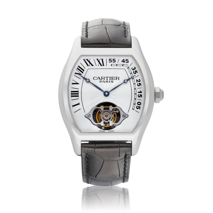 Cartier Tortue XL Tourbillon, Reference 2808 | A limited edition platinum tourbillon wristwatch with retrograde hour and minute, Circa 2008 | 卡地亞  |  型號2808 |  限量版鉑金陀飛輪腕錶，備逆跳小時及分鐘，約2008年製 · 2808