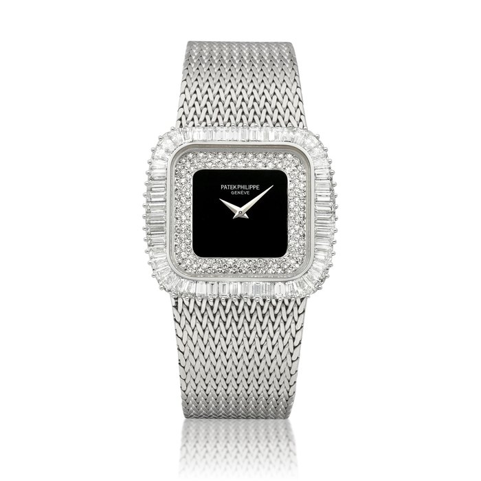 Patek Philippe Reference 3625/1 | A white gold and diamond-set bracelet watch with onyx dial, Circa 1985 | 百達翡麗  |  型號 3625/1 |  白金鑲鑽石鏈帶腕錶，備瑪瑙錶盤，約1985年製 · 3625/1
