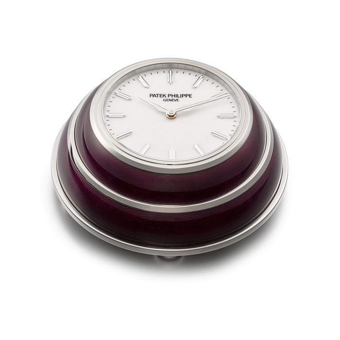 Patek Philippe The Hour Circle, Reference 25000M-010 | A limited edition stainless steel and flinqué enamel table clock with white quartizite dial, Circa 2021 | 百達翡麗 | The Hour Circle 型號25000M-010 |  限量版精鋼及透明琺瑯座鐘，備石英岩錶盤，約2021年製 · 25000M-010