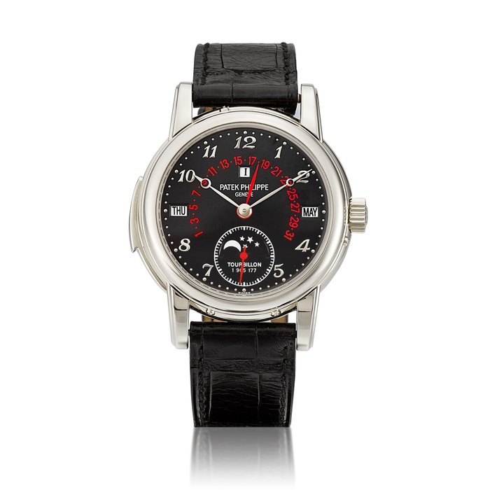 Patek Philippe Reference 5016 | A possibly unique white gold minute repeating perpetual calendar tourbillon wristwatch with day, retrograde date, moon phases, leap year indication, black dial and red accents, Circa 2012 | 百達翡麗 | 型號5016 | 應為獨一無二白金三問萬年曆陀飛輪腕錶，備逆跳日期、星期、月相、閏年顯示，黑色錶盤及紅色鑲刻，約2012年製 · 5016