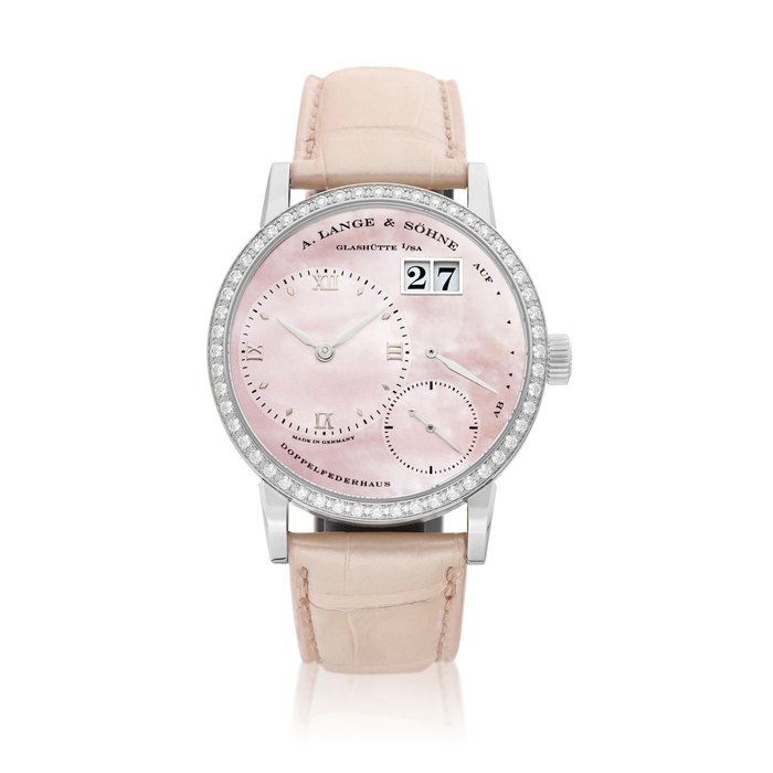 A. Lange & Söhne Little Lange 1, Reference 813.035/LS1133WY | A limited edition white gold and diamond-set wristwatch with digital date display, power reserve indication and mother-of-pearl dial, Circa 2005 | 朗格 | Little Lange 1 型號813.035/LS1133WY | 限量版白金鑲鑽石腕錶，備數位日期、動力儲備顯示及珠母貝錶盤，約2005年製 · 813.035/LS1133WY