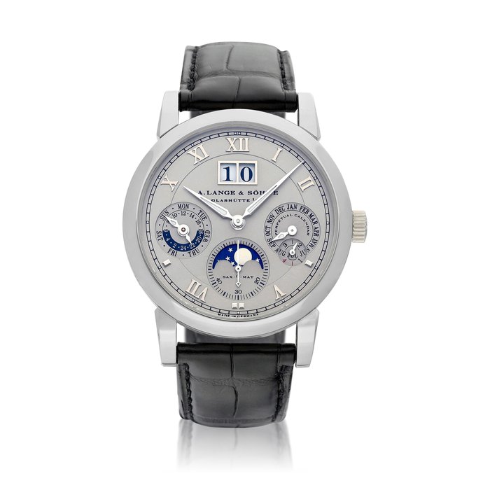 A. Lange & Söhne Sax-O-Mat Langematik Perpetual, Reference 310.025 | A platinum perpetual calendar wristwatch with day, digital date display, moon phases, 24 hours, leap year indication and zero-reset mechanism, Circa 2006 | 朗格 | Sax-O-Mat Langematik Perpetual 型號310.025 | 鉑金萬年曆腕錶，備數位日期、星期、月相、24小時、閏年顯示及歸零裝置，約2006年製 · 310.025