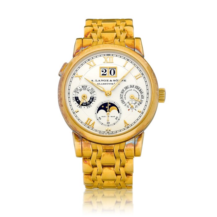 A. Lange & Söhne Langematik Perpetual, Reference 310.221 | A yellow gold perpetual calendar wristwatch with digital date display, day, moon phases, leap year, 24 hours indication, zero-reset mechanism and bracelet, Circa 2004 | 朗格 |  Langematik Perpetual 型號310.221 | 黃金萬年曆鏈帶腕錶，備數位日期、星期、月相、閏年、24小時顯示及歸零裝置，約2004年製 · 310.221