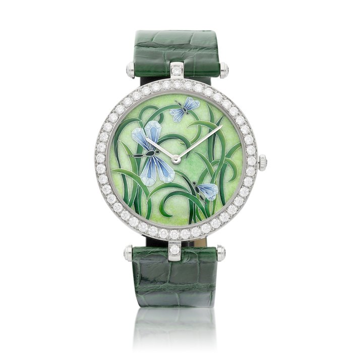 Van Cleef & Arpels A unique white gold and diamond-set wristwatch with polychrome enamel dial painted by Dominque Baron, Circa 2015 | 梵克雅寶 | 獨一無二白金鑲鑽石腕錶，備多彩琺瑯錶盤由Dominque Baron繪製，約2015年製
