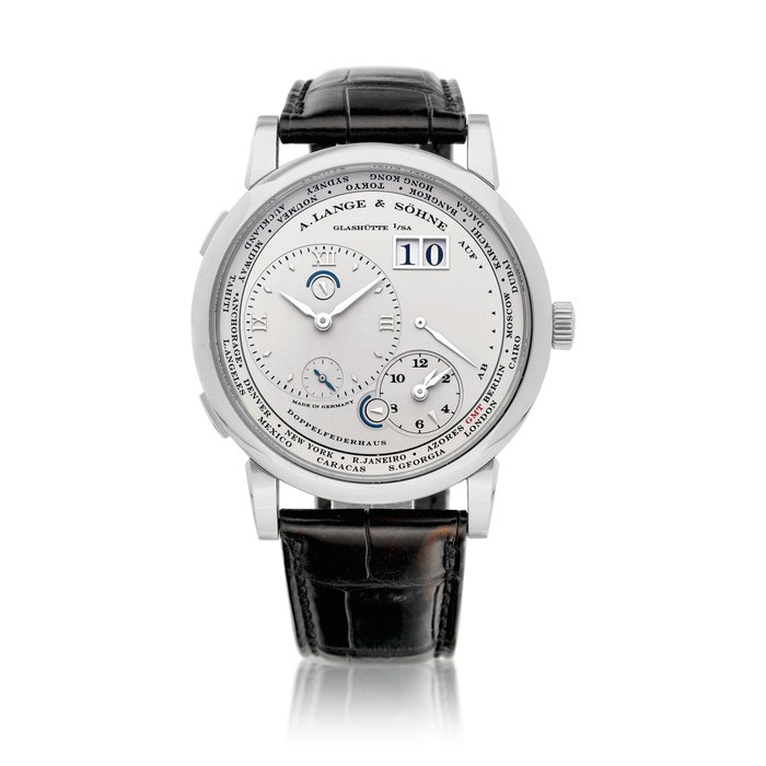 A. Lange & Söhne Lange 1 Zeitzone, Reference 116.025 | A platinum world time wristwatch with digital date display, power reserve and day and night indication, Circa 2007 | 朗格 | Lange 1 Zeitzone 型號116.025 | 鉑金世界時間腕錶，備數位日期、動力儲備及晝夜顯示，約2007年製 · 116.025