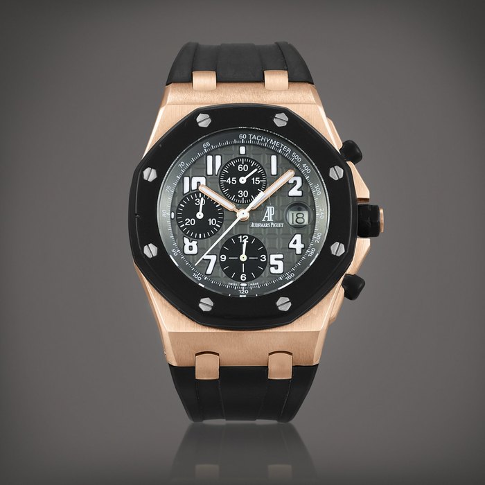 Audemars Piguet Royal Oak Offshore, Reference 25940OK.OO.D002CA.01 | A pink gold chronograph wristwatch with date, Circa 2005 | 愛彼 | 皇家橡樹離岸型系列 型號25940OK.OO.D002CA.01 | 粉紅金計時腕錶，備日期顯示，約2005年製 · 25940OK.OO.D002CA.01