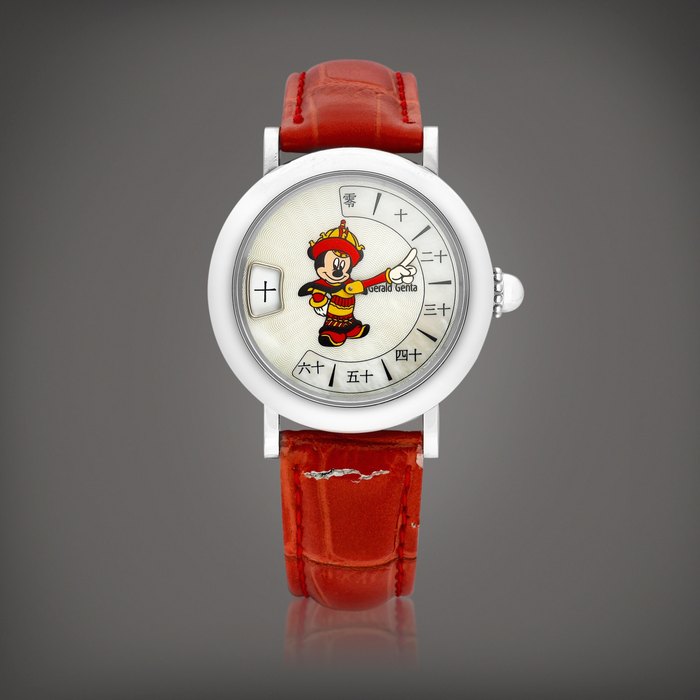 Gérald Genta Fantasy Retro Mickey Mouse, Reference M.10 | A limited edition stainless steel Chinese jumping hours wristwatch with Chinese retrograde minutes and mother-of-pearl dial, Made in collaboration with the Hong Kong Disneyland, Circa 2005 | Fantasy Retro Mickey Mouse 型號M.10 |  限量版精鋼中文跳時腕錶，備中文逆跳分鐘及珠母貝錶盤，與香港迪士尼樂園合製，約2005年製 · M.10