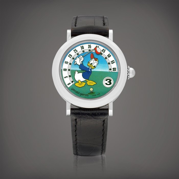 Gérald Genta Retro Fantasy Donald Duck, Reference G3632 | A stainless steel jumping hours wristwatch with retrograde minutes and mother-of-pearl dial, Circa 2000 | Retro Fantasy Donald Duck 型號G3632 | 精鋼跳時腕錶，備逆跳分鐘及珠母貝錶盤，約2000年製 · G3632