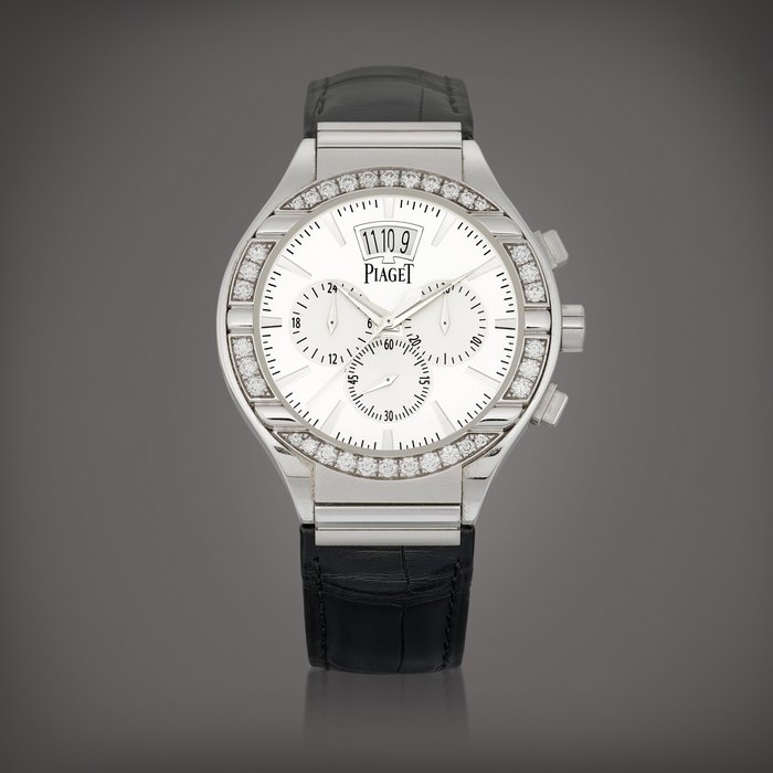 Piaget Polo, Reference P10424 | A white gold and diamond-set dual time zone flyback chronograph wristwatch with date, Circa 2009 | 伯爵 | Polo 型號P10424 | 白金鑲鑽石兩地時間飛返計時腕錶，備日期顯示，約2009年製 · P10424