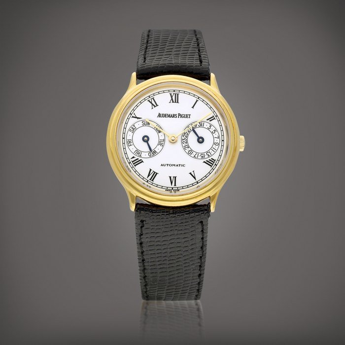 Audemars Piguet Reference 25574BA | A yellow gold wristwatch with day, date and enamel dial, Circa 1984 | 愛彼 | 型號25574BA | 黃金腕錶，備日期、星期顯示及琺瑯錶盤，約1984年製 · 25574BA
